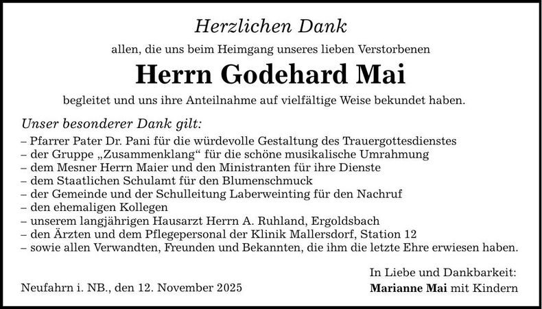 Traueranzeige Godehard Mai