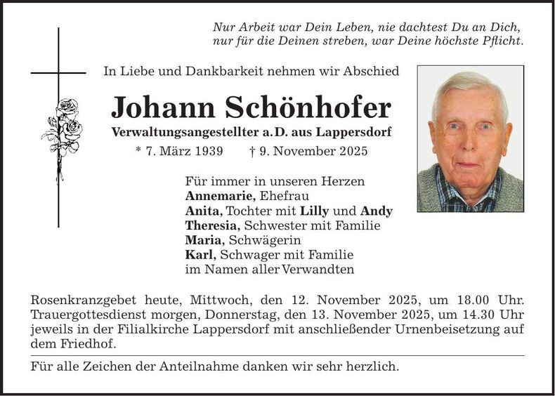 Traueranzeige Johann Schönhofer