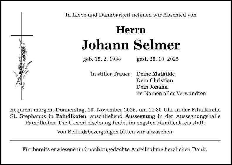 Traueranzeige Johann Selmer