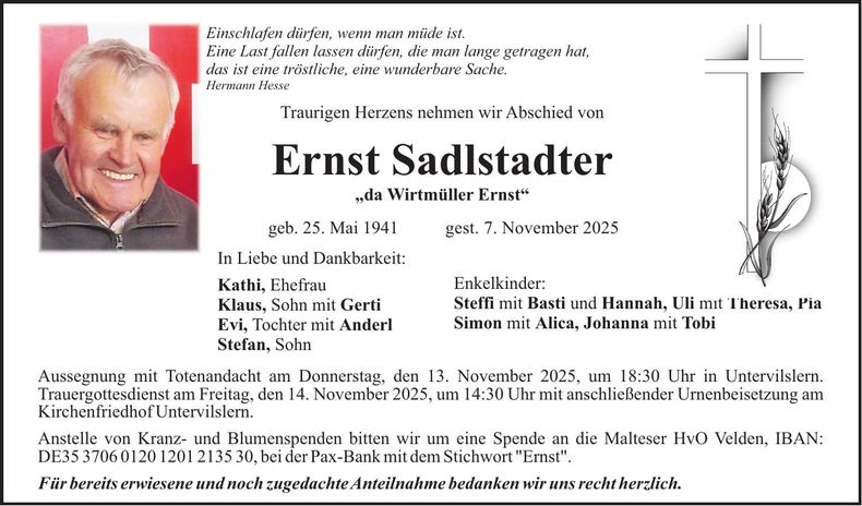 Traueranzeige Ernst Sadlstadter