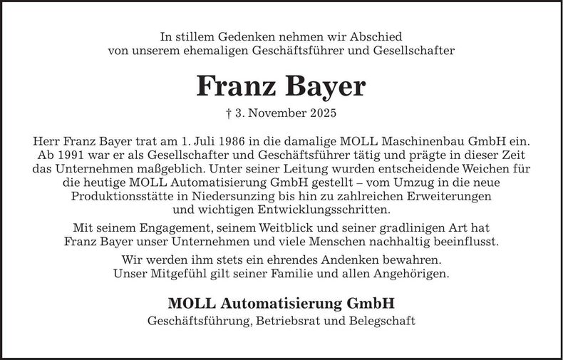Traueranzeige Franz Bayer