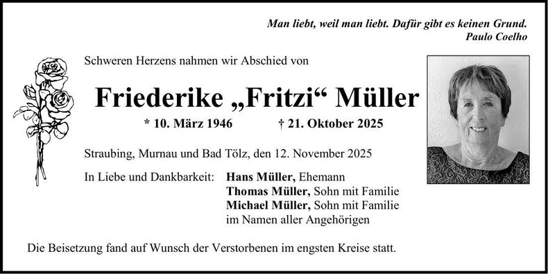 Traueranzeige Friederike "Fritzi" Müller