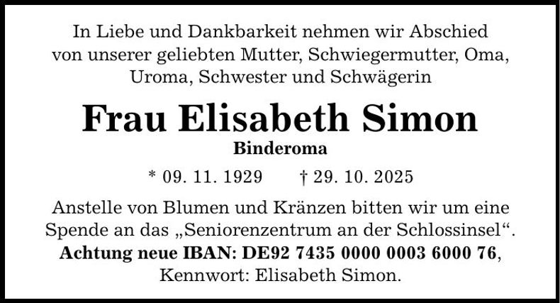 Traueranzeige Elisabeth Simon