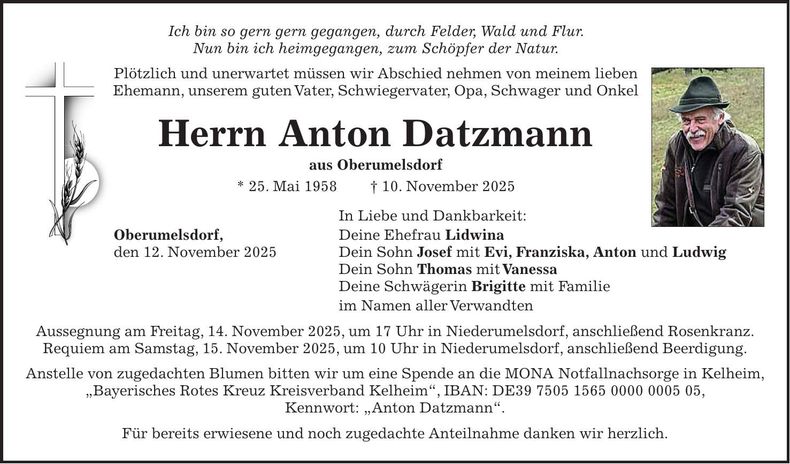 Traueranzeige Anton Datzmann