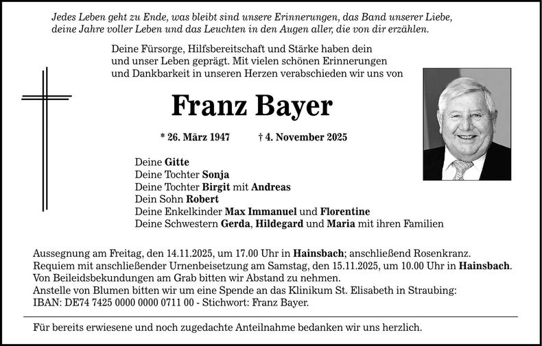 Traueranzeige Franz Bayer