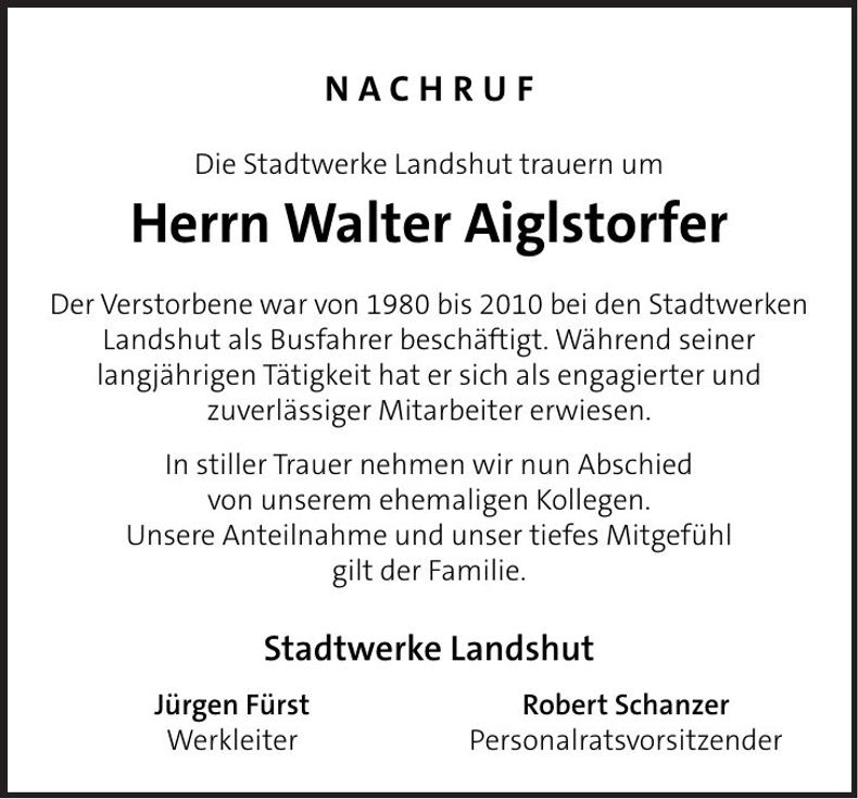 Traueranzeige Walter Aiglstorfer