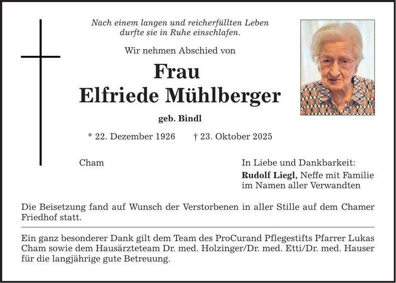 Traueranzeige Elfriede Mühlberger
