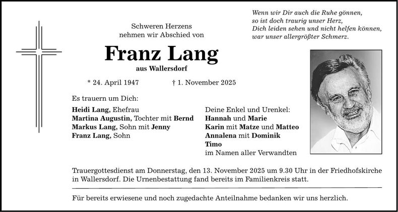 Traueranzeige Franz Lang