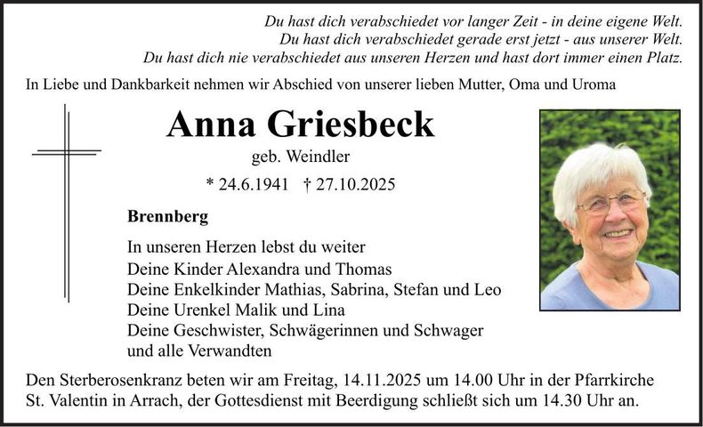 Traueranzeige Anna Griesbeck