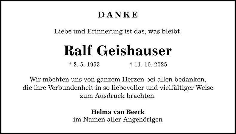 Traueranzeige Ralf Geishauser