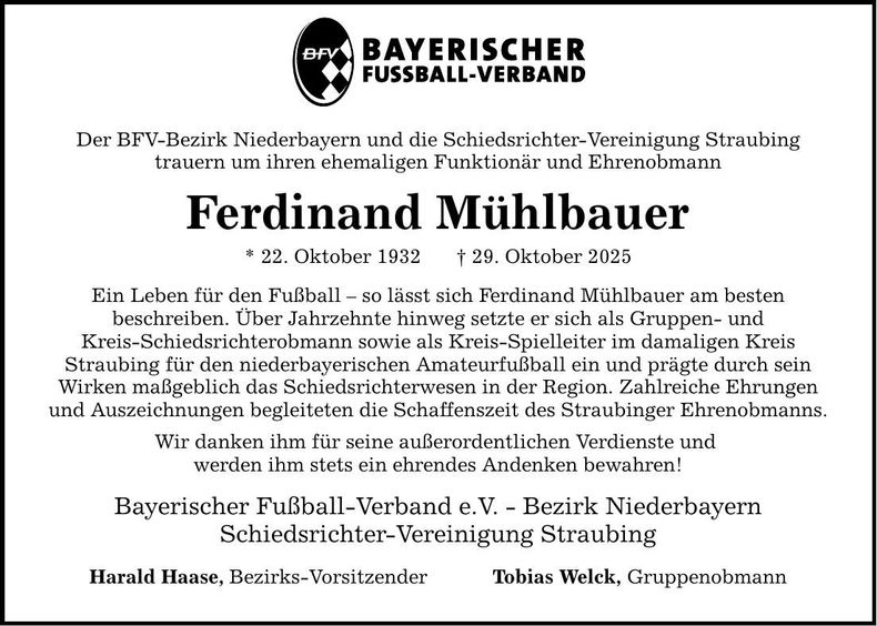 Traueranzeige Ferdinand Mühlbauer