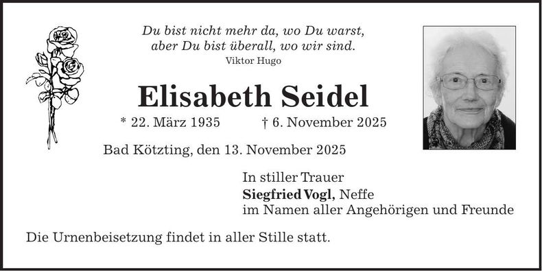 Traueranzeige Elisabeth Seidel
