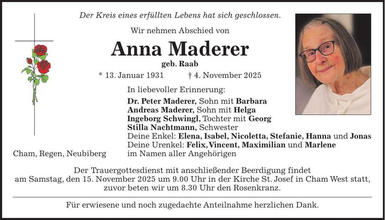 Traueranzeige Anna Maderer