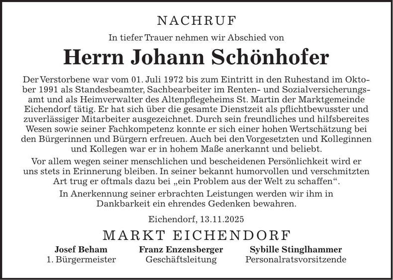 Traueranzeige Johann Schönhofer