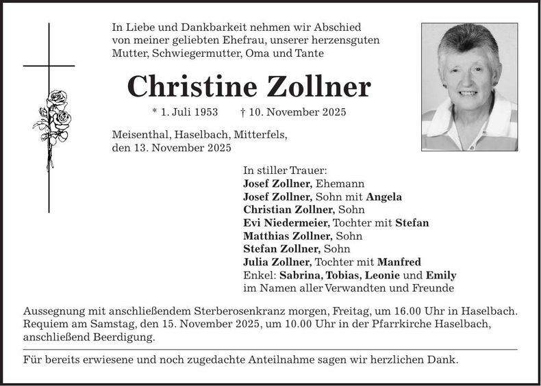 Traueranzeige Christine Zollner