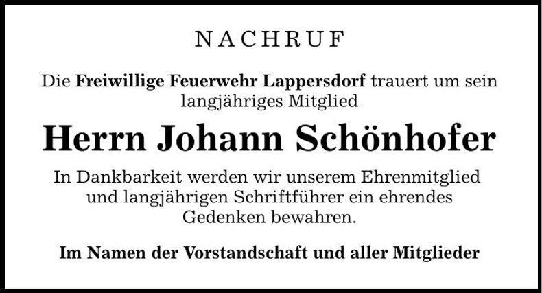 Traueranzeige Johann Schönhofer