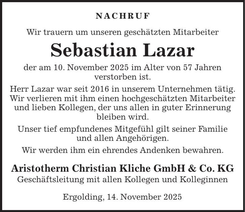 Traueranzeige Sebastian Lazar