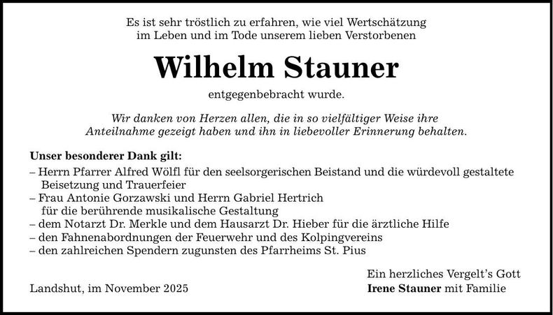 Traueranzeige Wilhelm Stauner