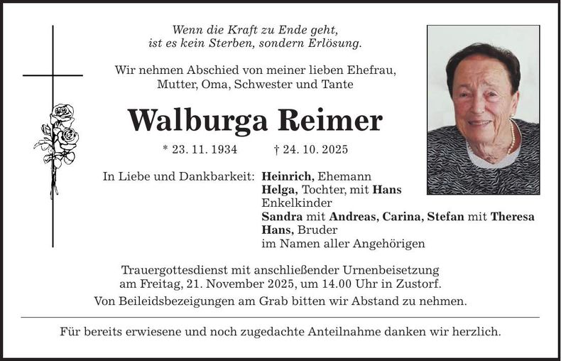 Traueranzeige Walburga Reimer