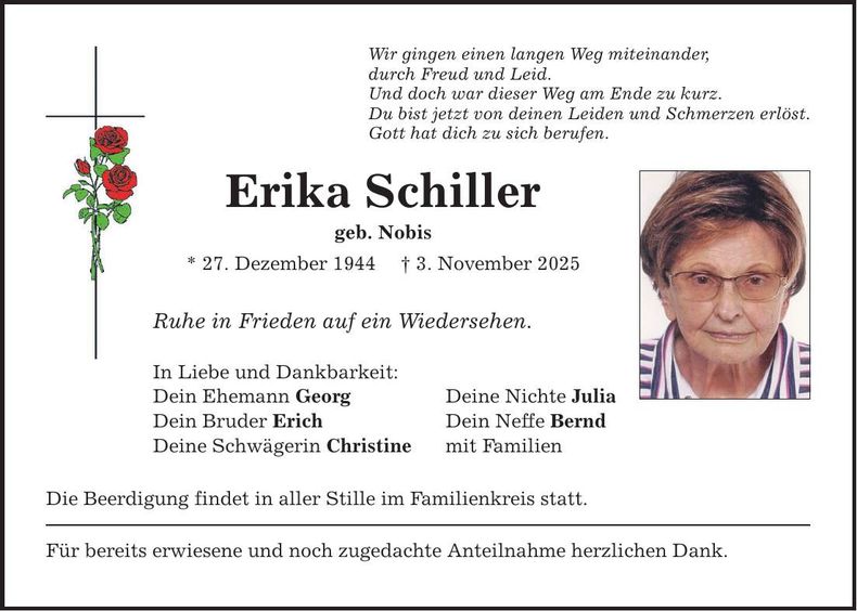 Traueranzeige Erika Schiller