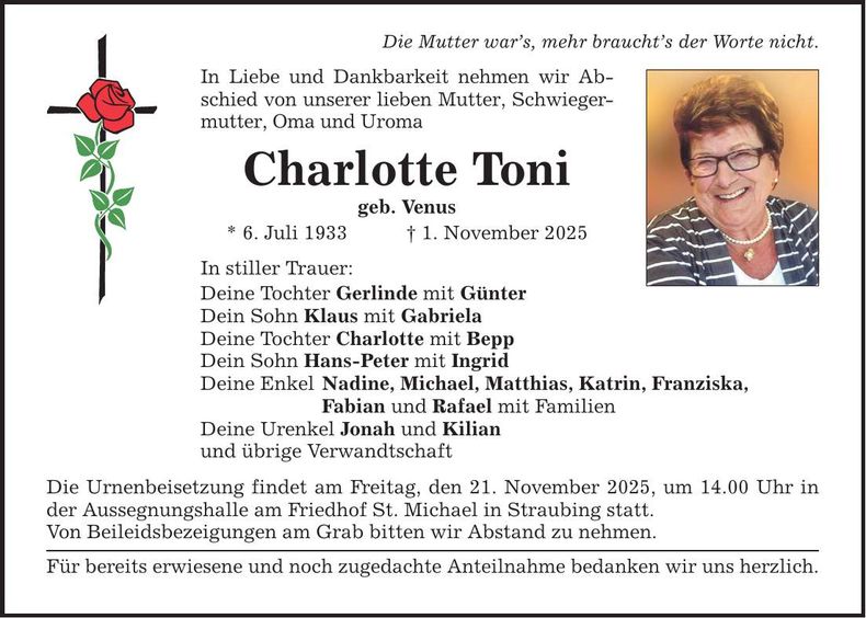 Traueranzeige Charlotte Toni