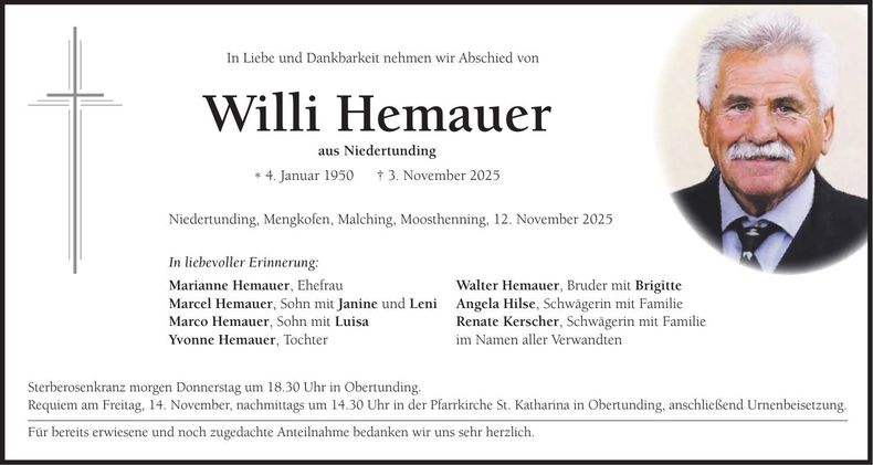 Traueranzeige Willi Hemauer