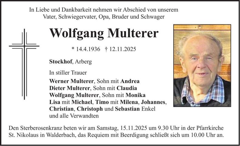 Traueranzeige Wolfgang Multerer