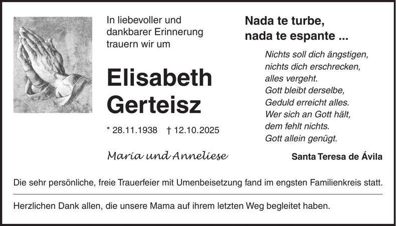 Traueranzeige Elisabeth Gerteisz