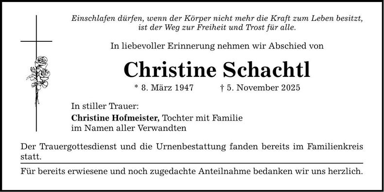 Traueranzeige Christine Schachtl