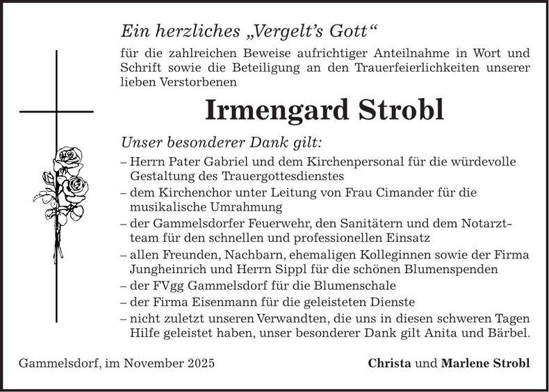 Traueranzeige Irmengard Strobl
