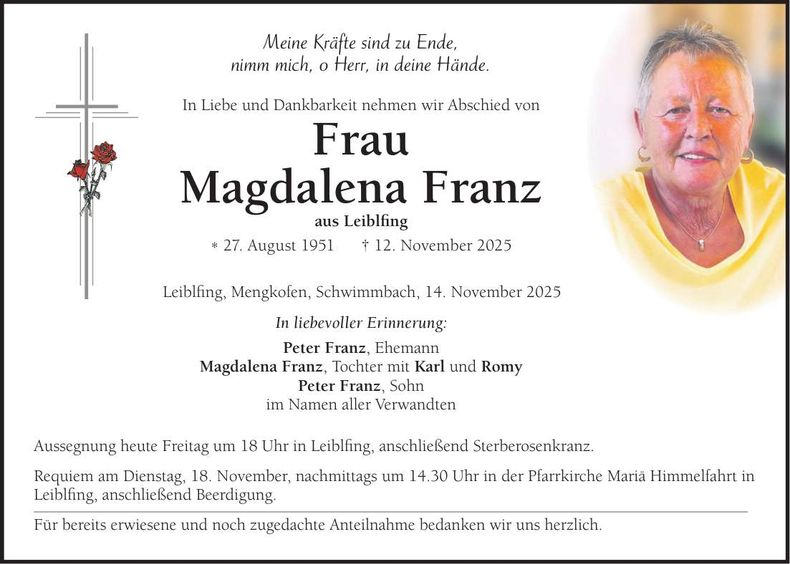 Traueranzeige Magdalena Franz