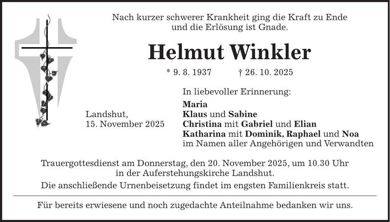 Traueranzeige Helmut Winkler