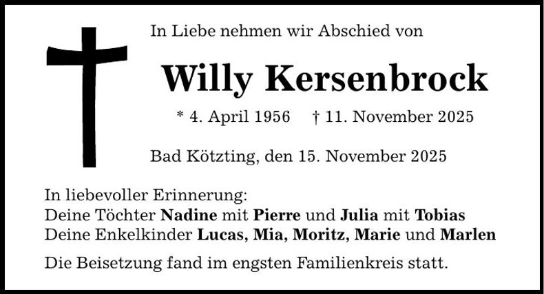 Traueranzeige Willy Kersenbrock