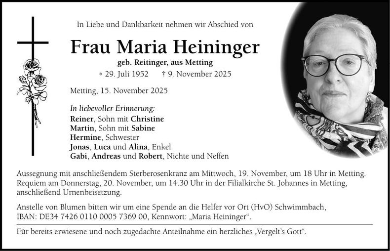 Traueranzeige Maria Heininger
