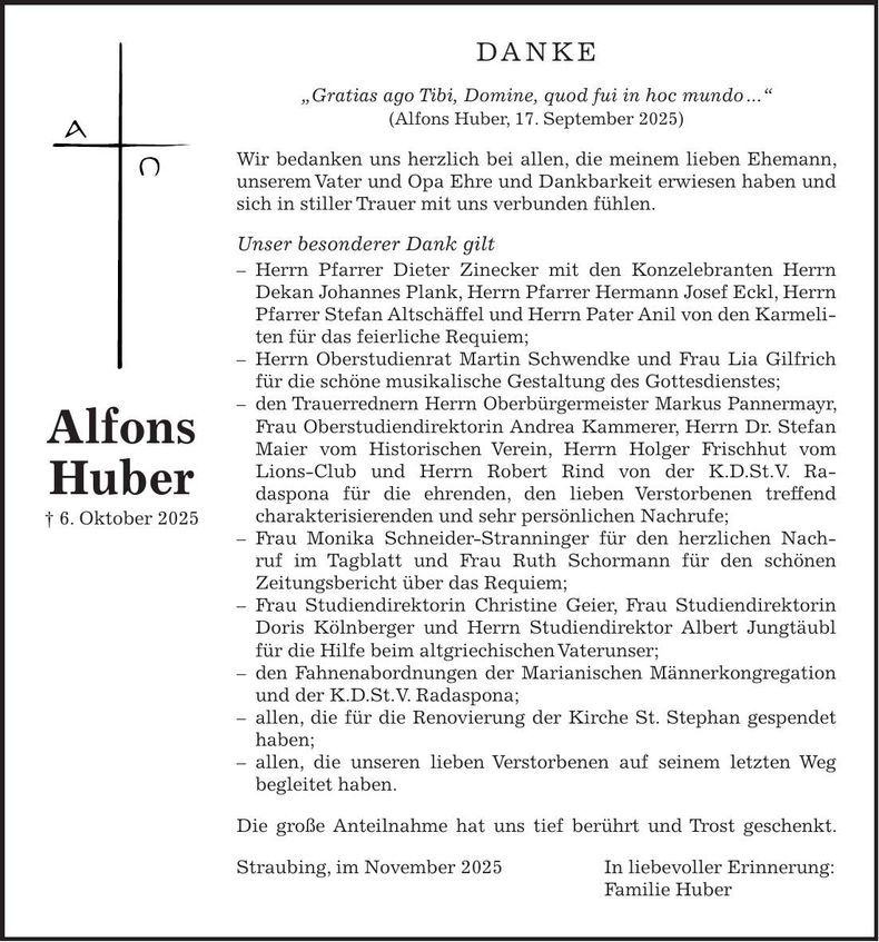 Traueranzeige Alfons Huber