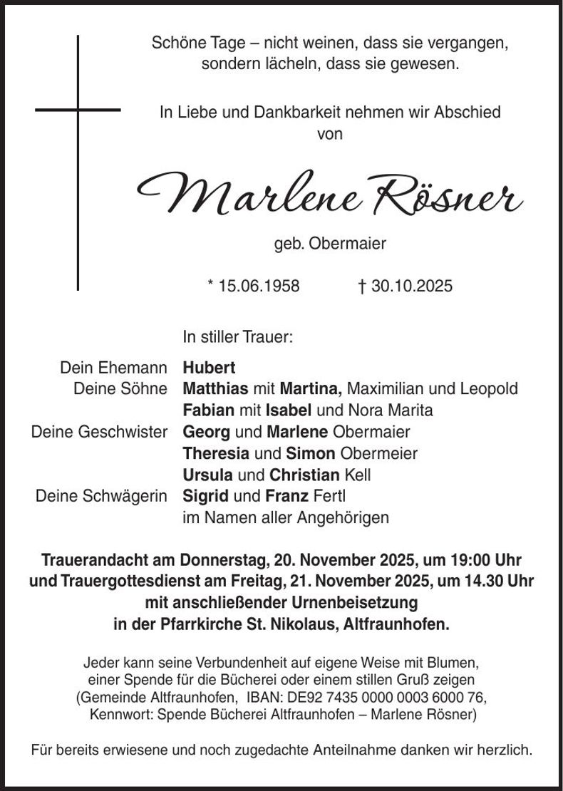 Traueranzeige Marlene Rösner