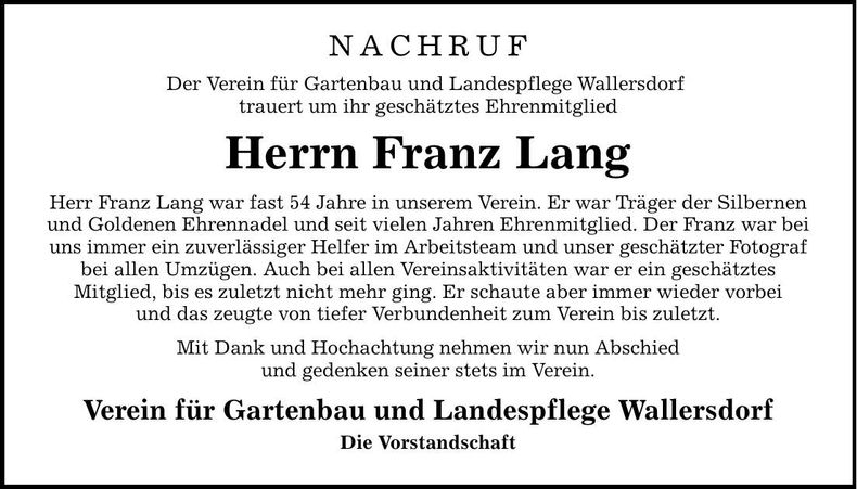 Traueranzeige Franz Lang