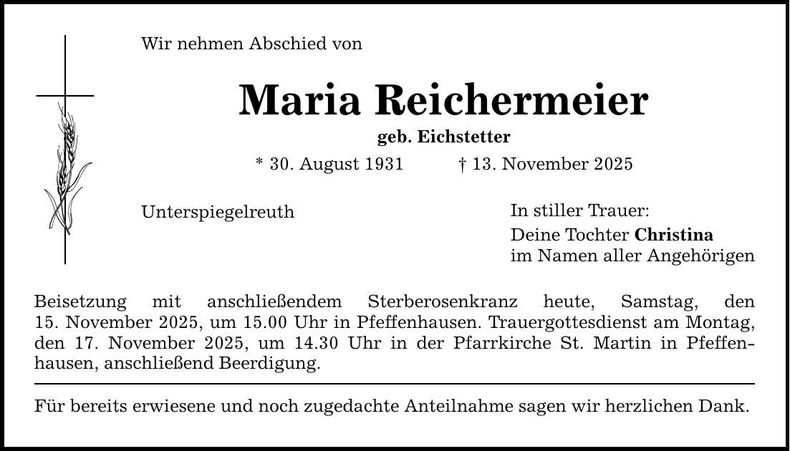 Traueranzeige Maria Reicheremeier