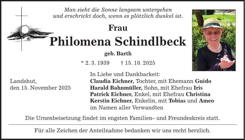 Traueranzeige Philomena Schindlbeck