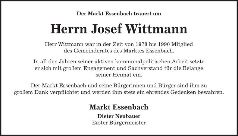 Traueranzeige Josef Wittmann