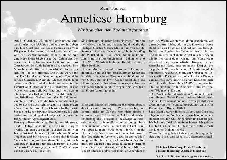 Traueranzeige Anneliese Hornburg