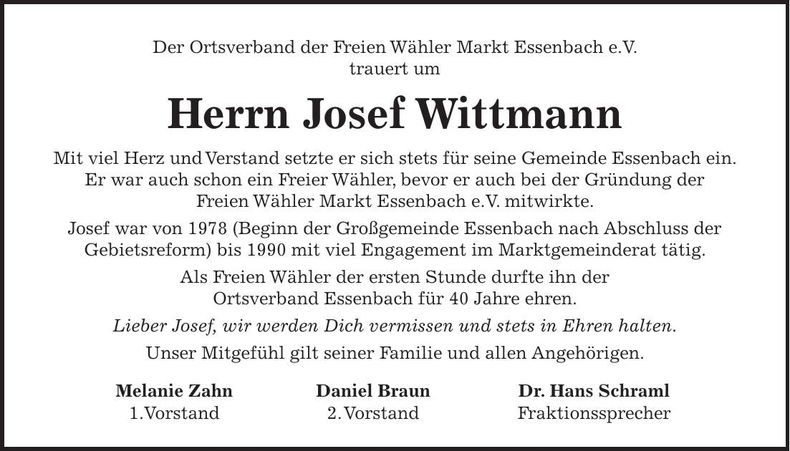 Traueranzeige Josef Wittmann