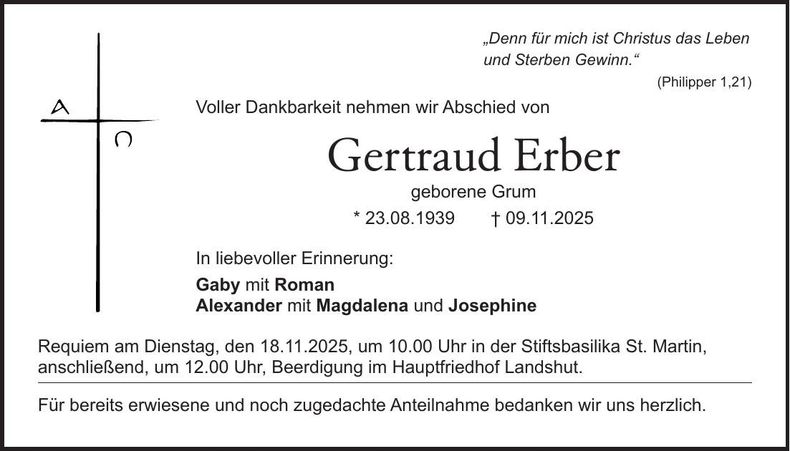 Traueranzeige Gertraud Erber