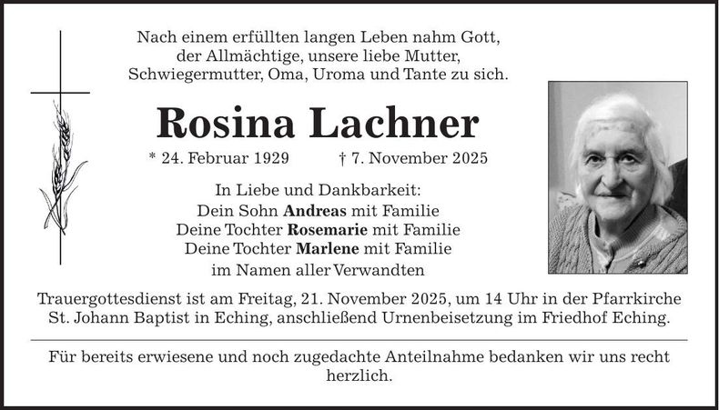 Traueranzeige Rosina Lachner