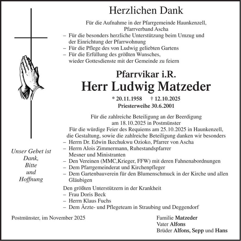 Traueranzeige Ludwig Matzeder