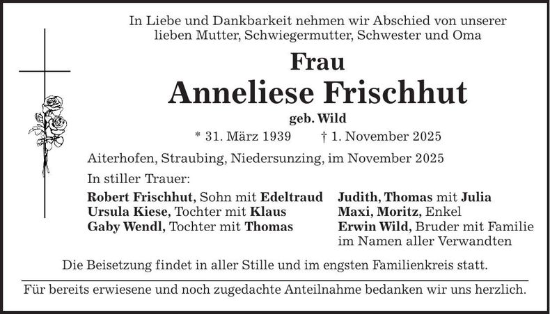 Traueranzeige Anneliese Frischhut