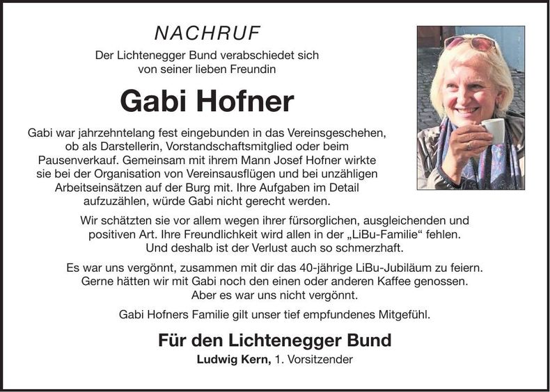 Traueranzeige Gabi Hofner
