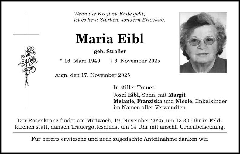 Traueranzeige Maria Eibl