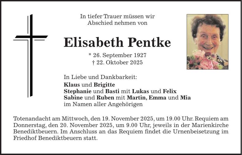 Traueranzeige Elisabeth Pentke
