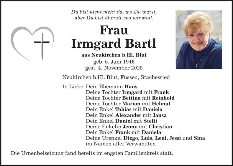 Traueranzeige Irmgard Bartl
